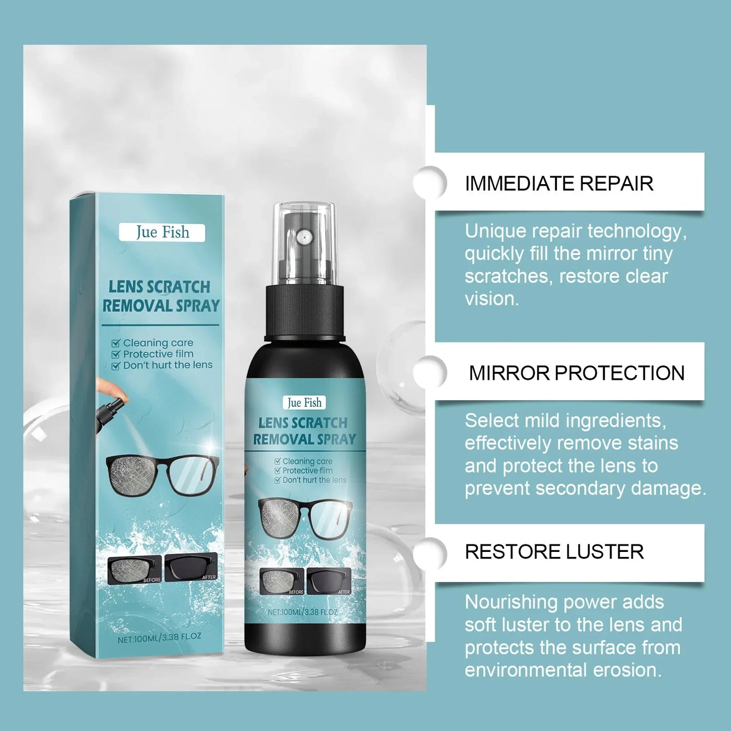 Jue-Fish 100ml Glasses Scratch Removal Spray – Lens & Camera Screen Cleaner, Eyeglass Repair Solution