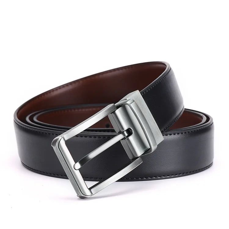 Men’s Genuine Leather Double-Sided Belt – Luxury Retro Pin Buckle with Laser Engraving (High Quality)