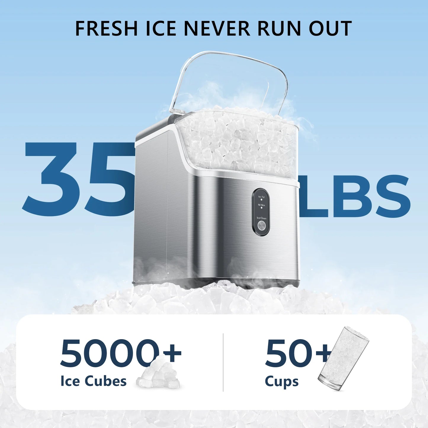 SIMZLIFE Nugget Ice Maker Countertop – 34lbs/Day Portable Ice Machine with Basket, Scoop & Self-Cleaning, Silver