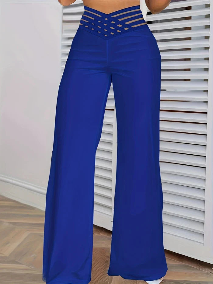 2024 Women’s Wide Leg Flared Pants – Y2K High Waist Crisscross Sheer Mesh Casual Streetwear Trousers