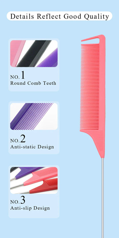 Pro Pointed Tail Comb – Anti-Static Hair Styling Brush, Steel Needle Pin Rat Tail Comb for Salon & Barber Accessories