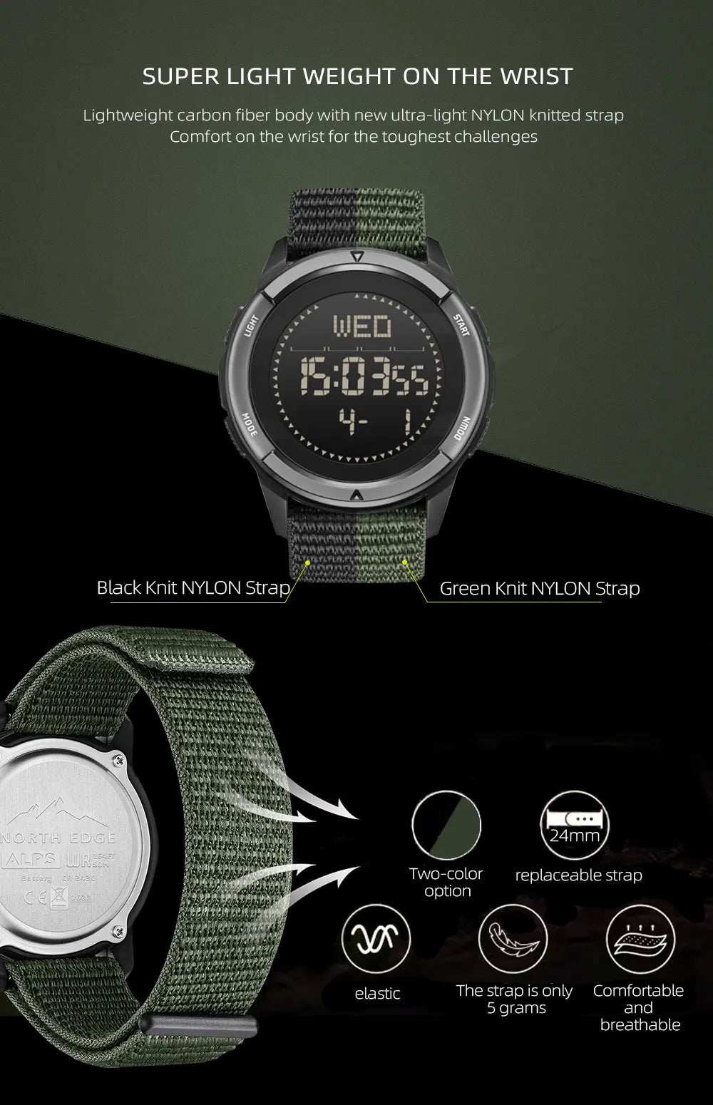 NORTH EDGE ALPS Men's Digital Carbon Fiber Watch Shockproof Military Sports Waterproof 50M Outdoor Compass Wristwatch