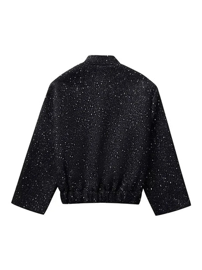 Nlzgmsj Women's Shiny Sequin Jacket – Y2K Gold Stand Collar Long Sleeve Short Coat, Autumn/Winter High Streetwear