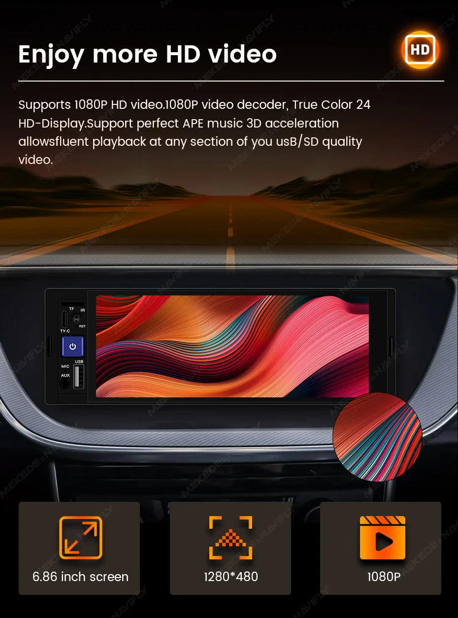 NaviFly 6.86" 1-DIN MP5 Car Stereo — Wireless CarPlay & Android Auto Multimedia Player with BT & FM