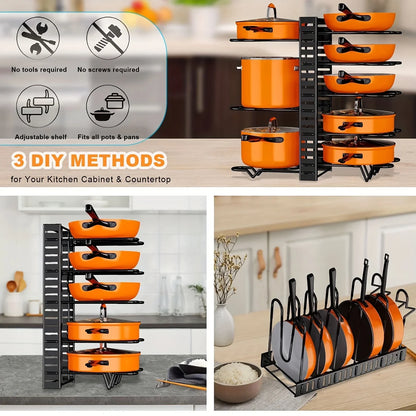 8-Tier Metal Pot Rack Organizer – Durable Space-Saving Cabinet Holder for Pots, Pans & Lids