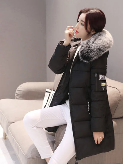 Women's Winter Parka – Fur Collar Hooded Long Jacket, Slim Fit, Warm & Thick with Letter Patch & Zipper Pockets