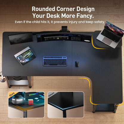L-Shaped Gaming Desk with Drawers – Carbon Fiber Computer Desk with Monitor Arm for Home Office