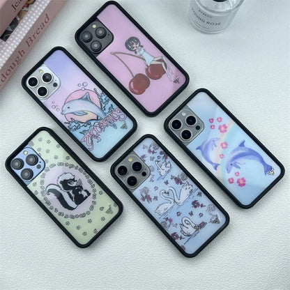 Wildflower Cute Animal Cartoon Phone Case for iPhone 16 Pro Max/16/15 Pro/15/14 Plus/13 Pro/12 Pro – Cherry, Dolphin & Swan Print Design