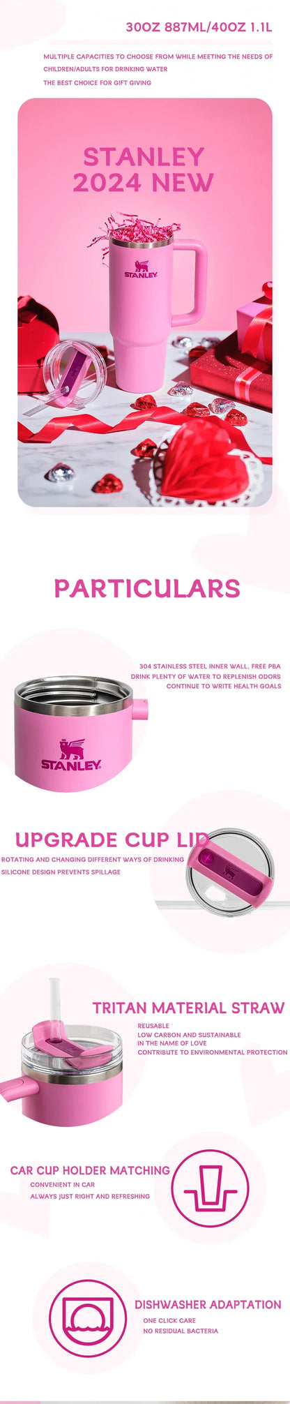 Stanley Quencher H2.0 Tumbler 40oz with Handle & Straw – Flowstate 3-Position Lid, Travel Cup Holder Compatible