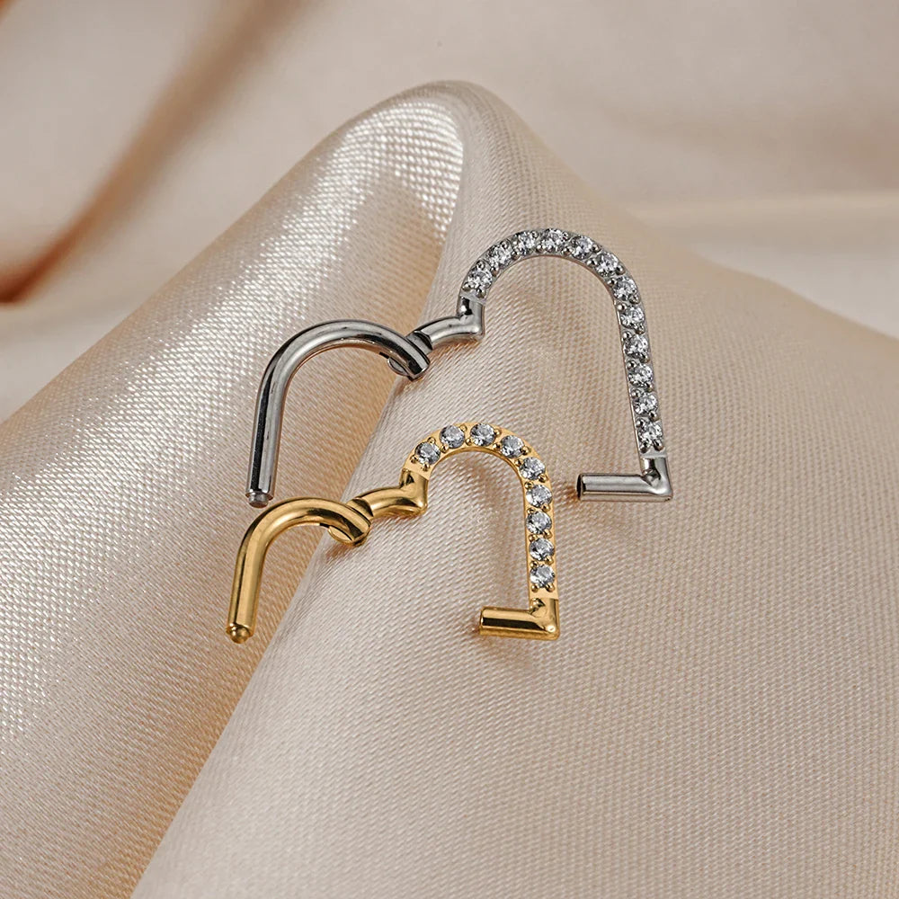 Right Grand ASTM F136 Titanium Daith Heart Hoop Earring – Hinged Segment Ring with Clear CZ for Cartilage, Tragus & Helix Piercing Jewelry