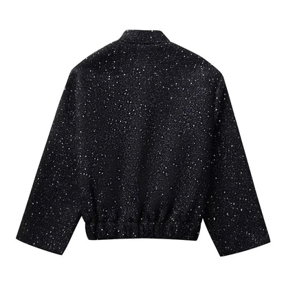 Nlzgmsj Women’s Shiny Sequin Jacket – Y2K Gold Stand Collar Short Coat, Autumn Winter High Streetwear