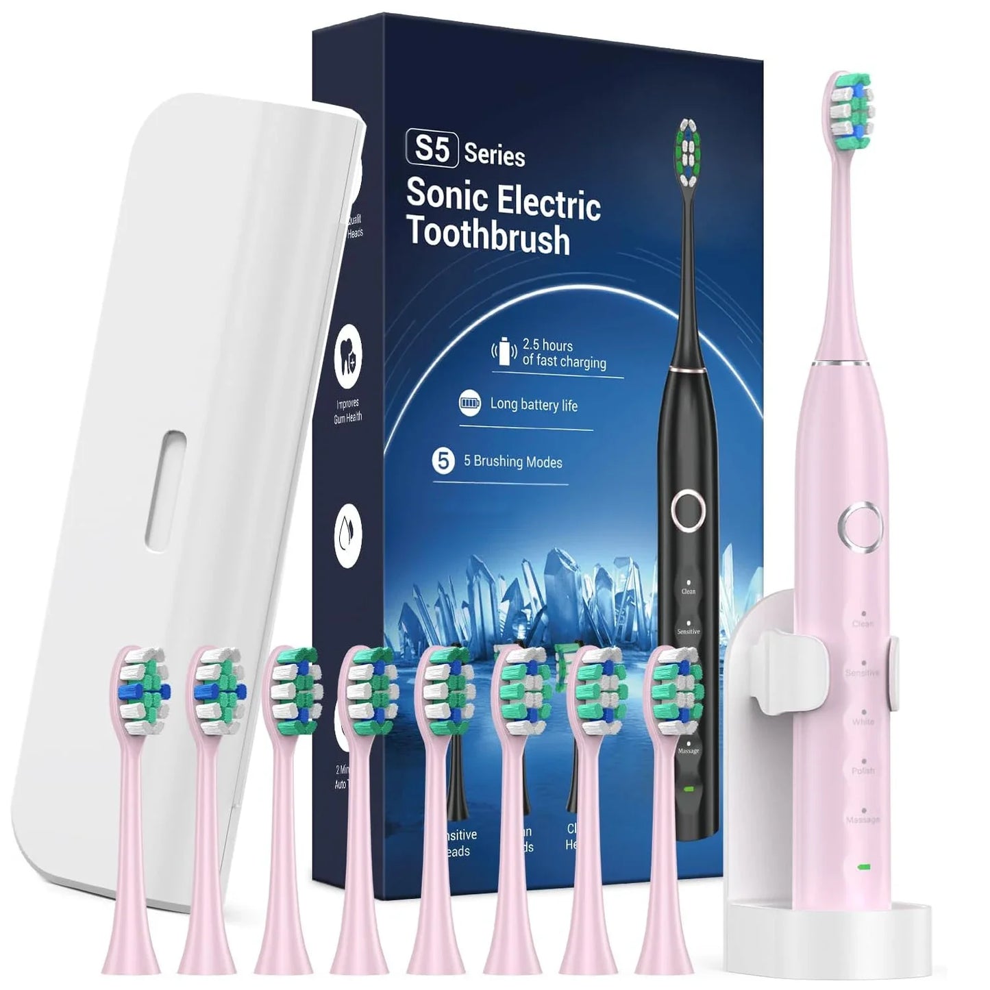 Rtauys S5 Upgraded Sonic Electric Toothbrush – Rechargeable Toothbrush for Adults & Kids 12+, 8 Brush Heads, IPX7 Waterproof with Travel Case