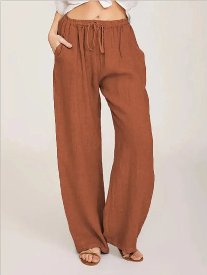 Women’s Cotton Linen Wide Leg Pants – Casual Loose Fit Elastic Waist Pocket Straight Trousers Oversized Streetwear
