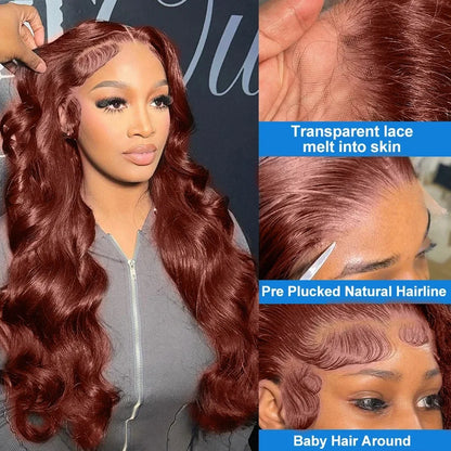 YKB Body Wave Reddish Brown 13x6 Lace Front Wig – Pre-Plucked Auburn Colored HD Lace Frontal, 200% Density Human Hair Wig