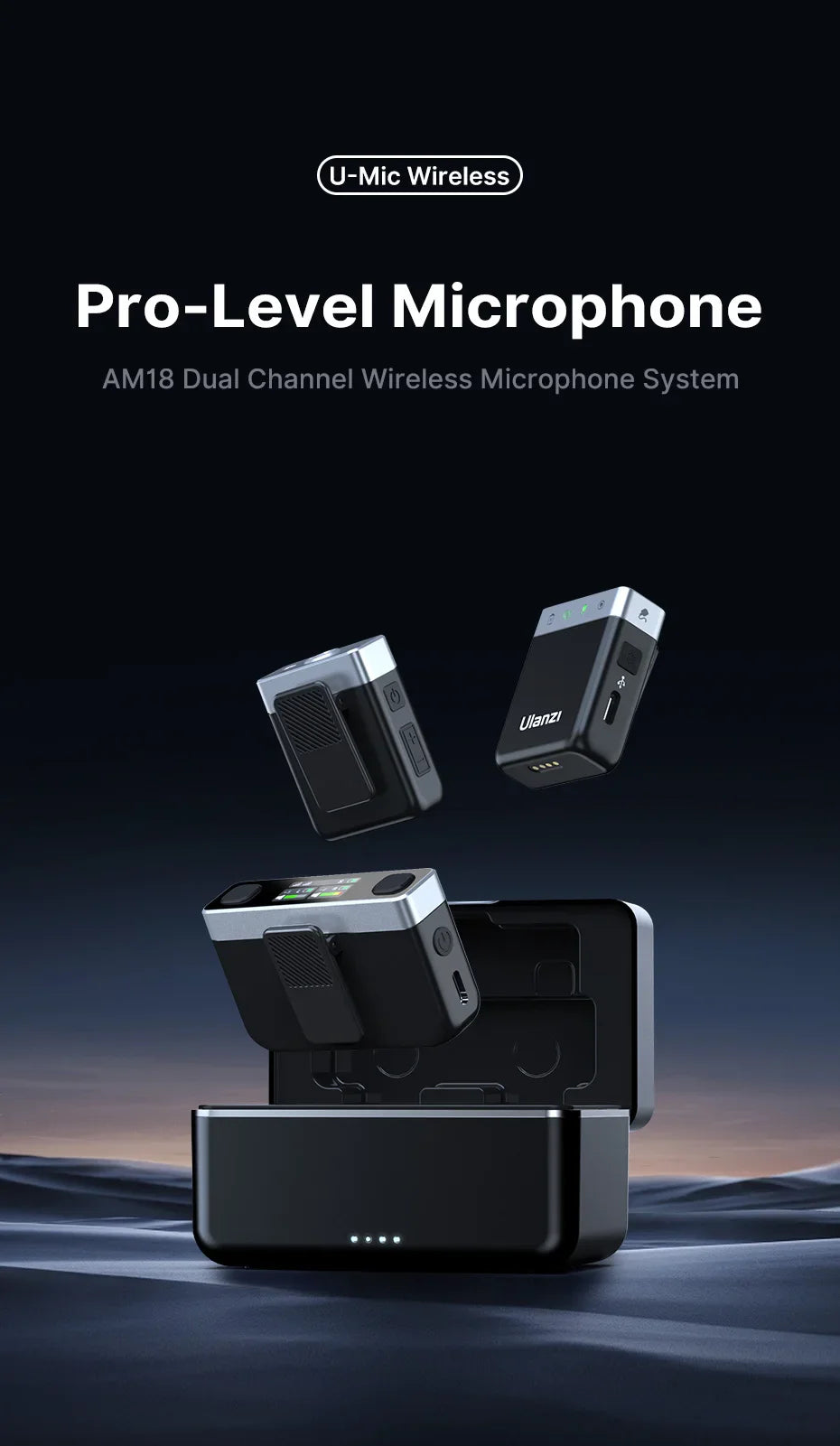 Ulanzi AM18 U-Mic 2.4G Wireless Stereo Microphone – 100m Dual-Channel Recording for DSLR, iOS, Android & PC Live Interviews