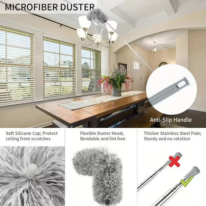 4-in-1 Extendable Microfiber Duster - Washable Bendable Feather Duster with 2.8-9.3 ft Stainless Steel Pole