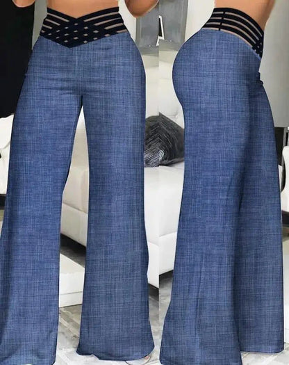 2024 Women’s Wide Leg Flared Pants – Y2K High Waist Crisscross Sheer Mesh Casual Streetwear Trousers