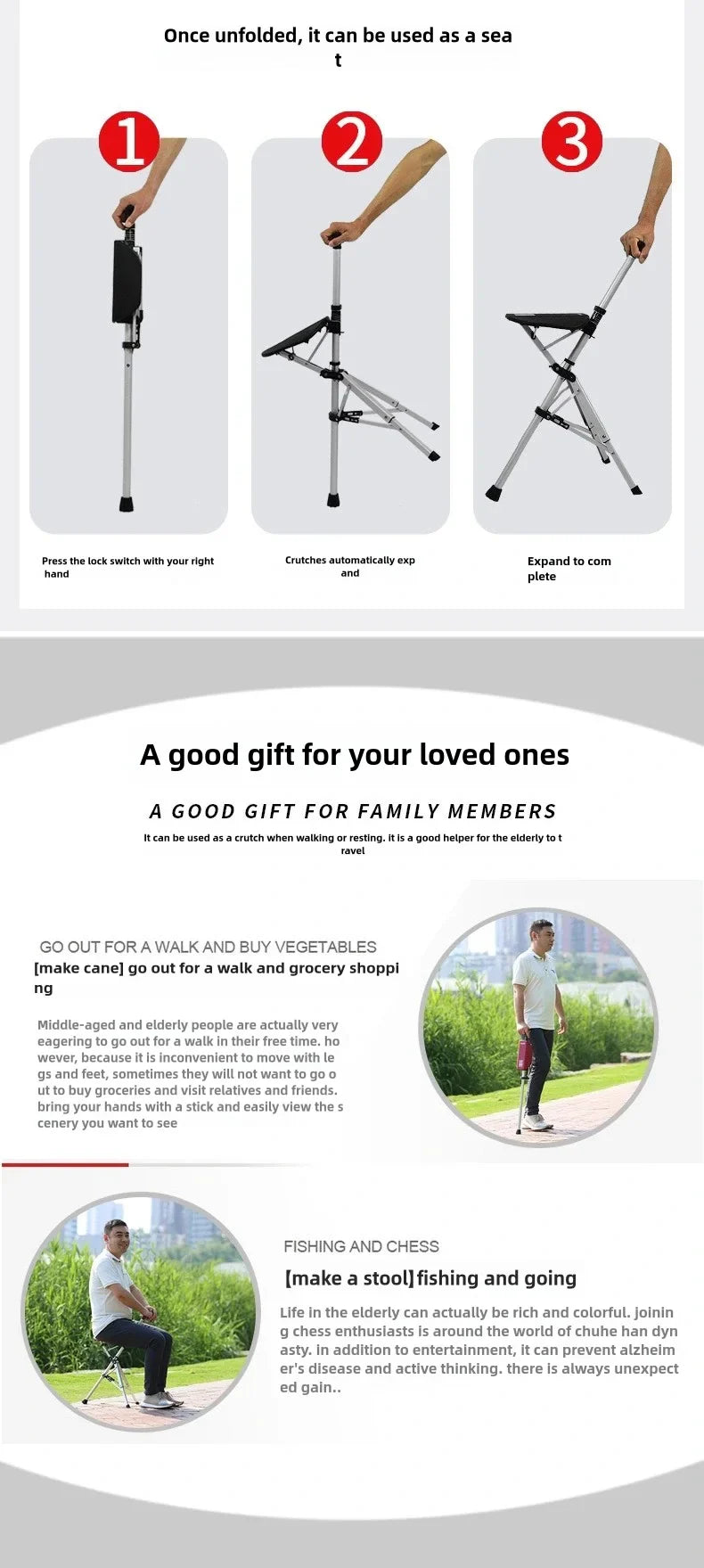 2-in-1 Portable Folding Cane & Chair — Quick-Fold Walking Stick with Built-In Seat and Three Legs