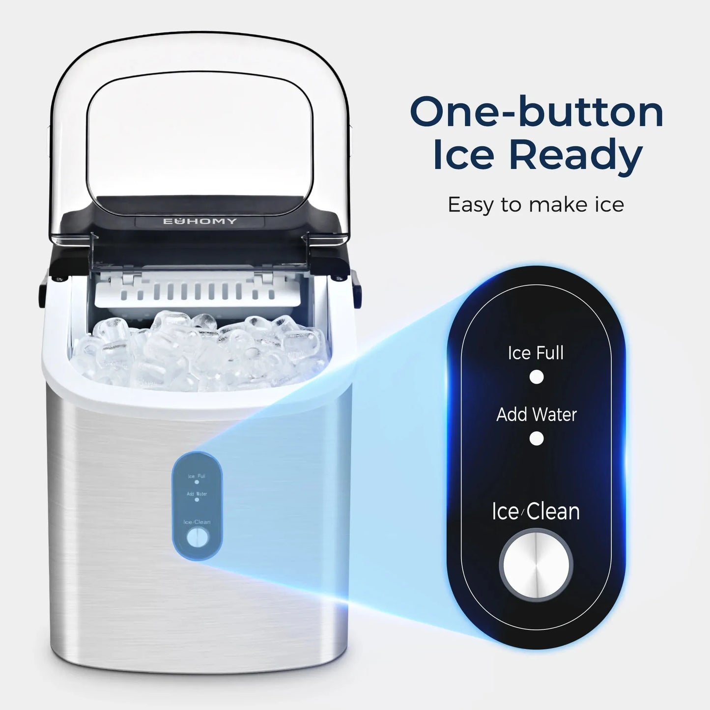 Euhomy Countertop Ice Maker – 26LBS/24H, 9 Cubes in 6 Mins, Auto-Cleaning Portable Ice Machine with Handle, Silver