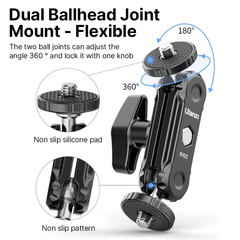 VIJIM Ulanzi R102 Metal Double Ball Head Magic Arm - 360° 1/4'' Screw Extension Mount for DSLR Camera, Monitor, Video Mic & Tripod