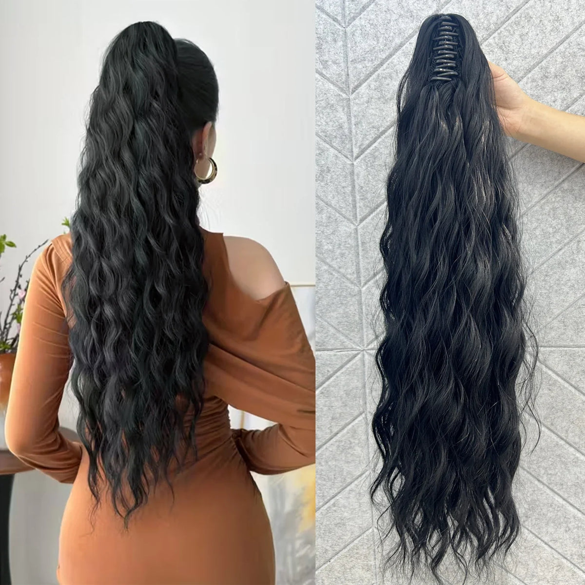 Synthetic Water Wave Claw Clip Ponytail Hair Extension – Black & Blonde, Heat-Resistant Fluffy Messy Style for Women