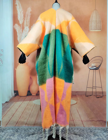Fashion American Blogger Winter Open Front Cardigan – Oversized Warm Fuzzy Multicolor Wool Duster Coat, Soft and Stylish for Women