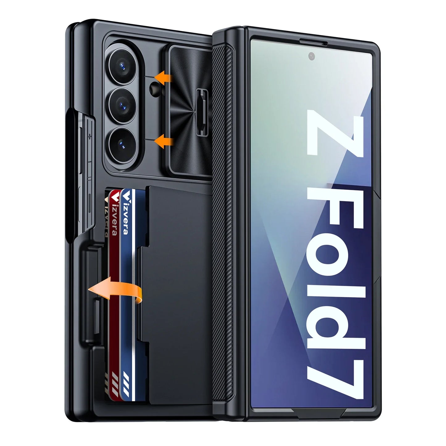 Samsung Galaxy Z Fold 7 Case – Black Shockproof Silicone Wallet with RFID Card Holder, Hinge & Camera Protection