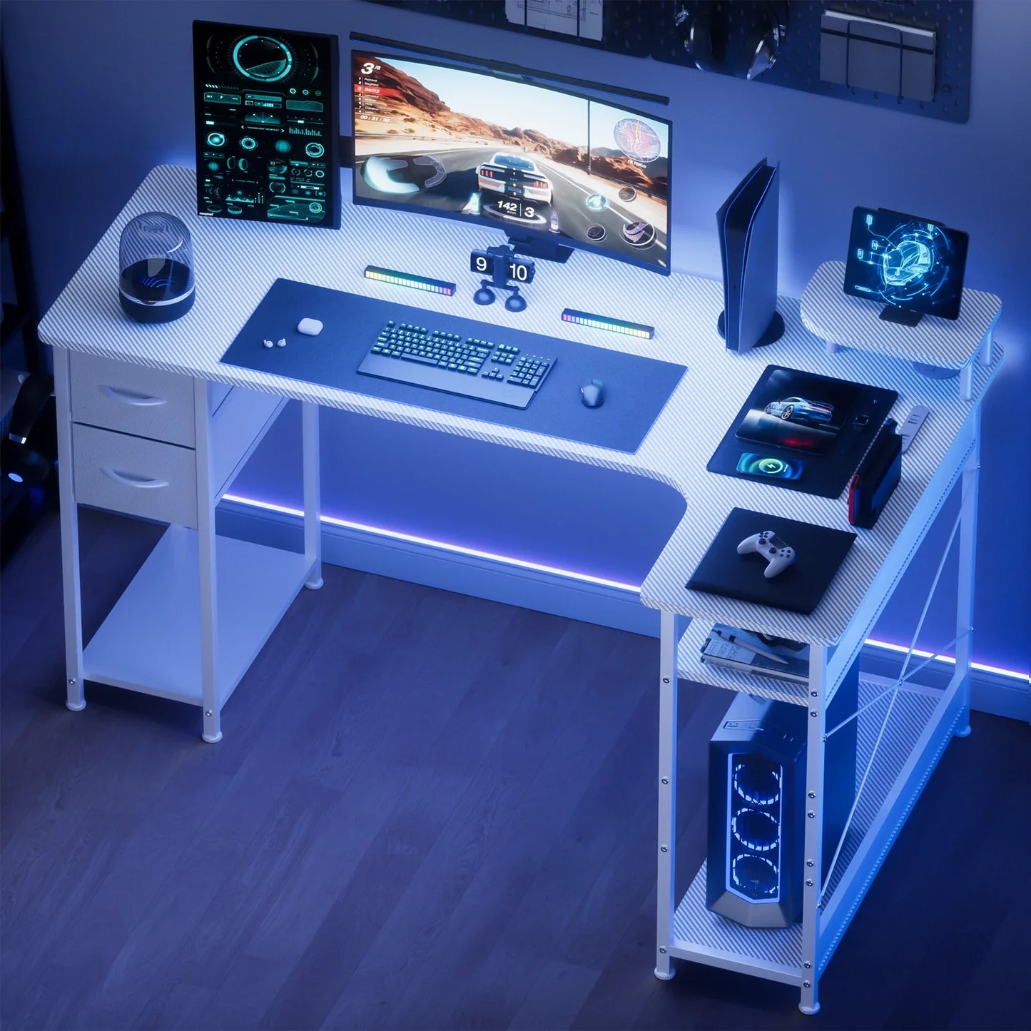 L-Shaped Gaming Desk with Drawers – Carbon Fiber Computer Desk with Monitor Arm for Home Office