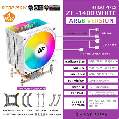 METALFISH White CPU Cooler — Silent ARGB 4-Pin PWM Fan with Radiator for Intel LGA 1700/1200/1150/1155/1156/1366/2011 & AMD AM5/AM4/AM3/X99/X79