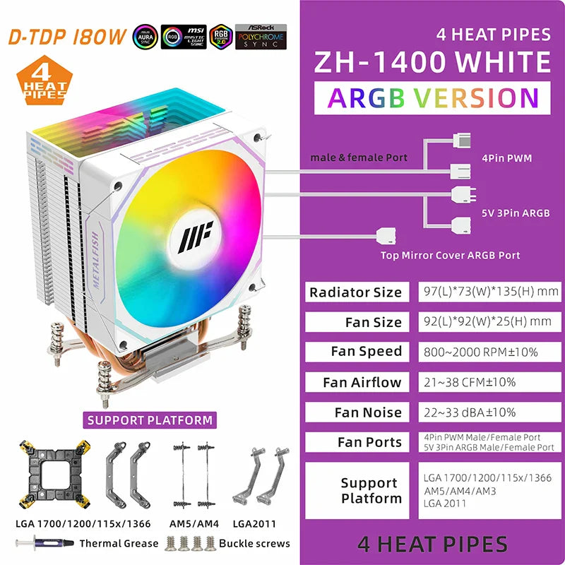 METALFISH ZH1400 ARGB CPU Cooler – 4 Heat Pipes PWM Silent Fan for Intel LGA1700/1200/115X & AMD AM5/AM4 High Performance Cooling