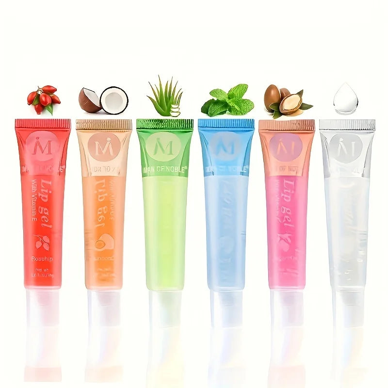 6Pcs Moisturizing Clear Lip Gloss Set – VE, Rosehip, Argan, Peppermint, Aloe & Coconut Flavors, Plumping Lip Oils Gift