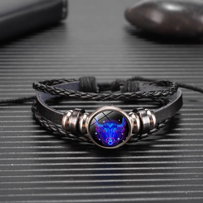 12 Zodiac Signs Constellation Charm Bracelet - Luminous Multilayer Weave Leather Bangle for Men & Women, Birthday Gift