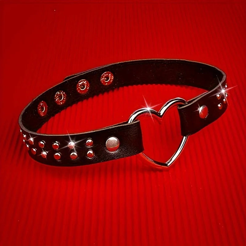 Y2K Punk Gothic Heart Stud PU Leather Choker Necklace — Sexy Everyday Jewelry for Women