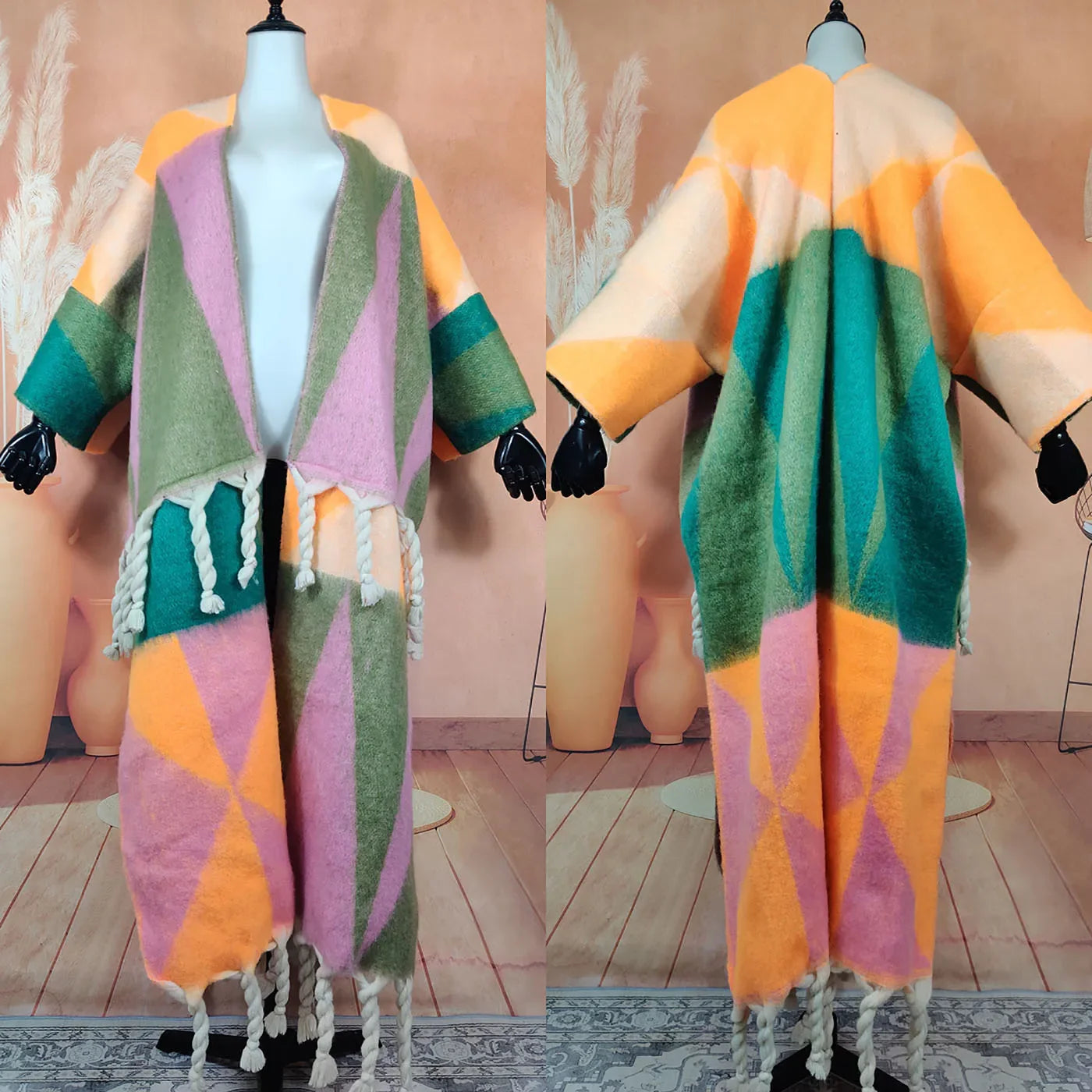 Fashion American Blogger Winter Open Front Cardigan – Oversized Warm Fuzzy Multicolor Wool Duster Coat, Soft and Stylish for Women