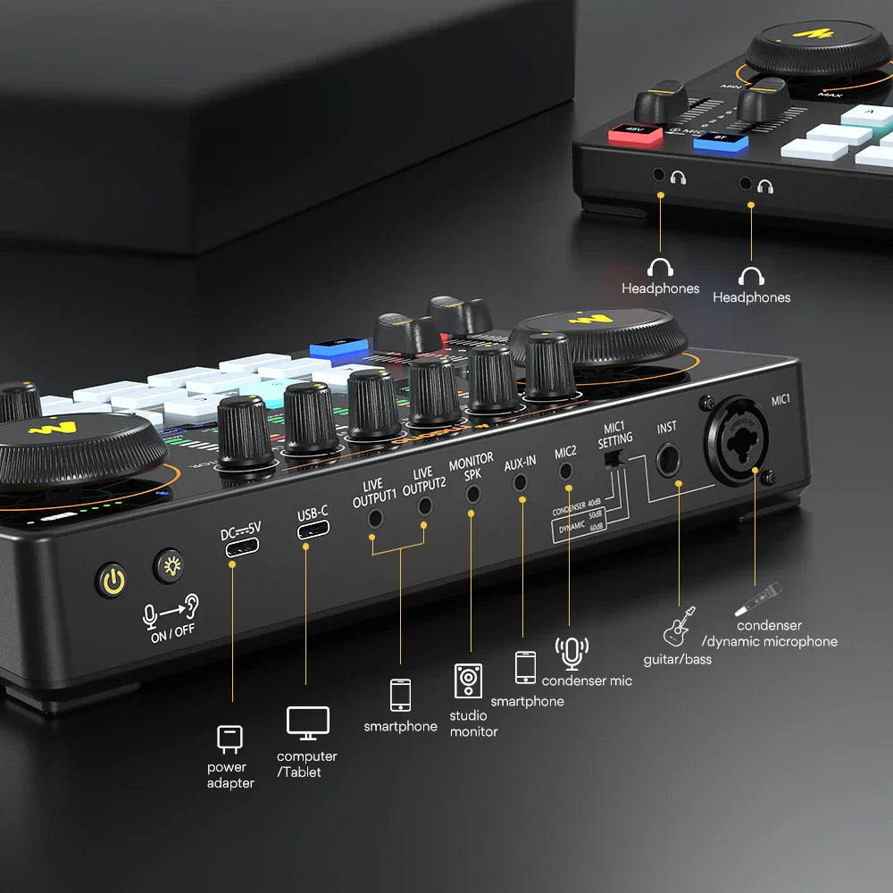 Maono AME2 Portable Audio Interface Sound Card – All-in-One DJ Mixer for Podcast Recording, Live Streaming, YouTube & Guitar PC