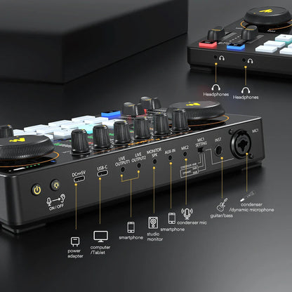 Maono AME2 Portable Audio Interface Sound Card – All-in-One DJ Mixer for Podcast Recording, Live Streaming, YouTube & Guitar PC