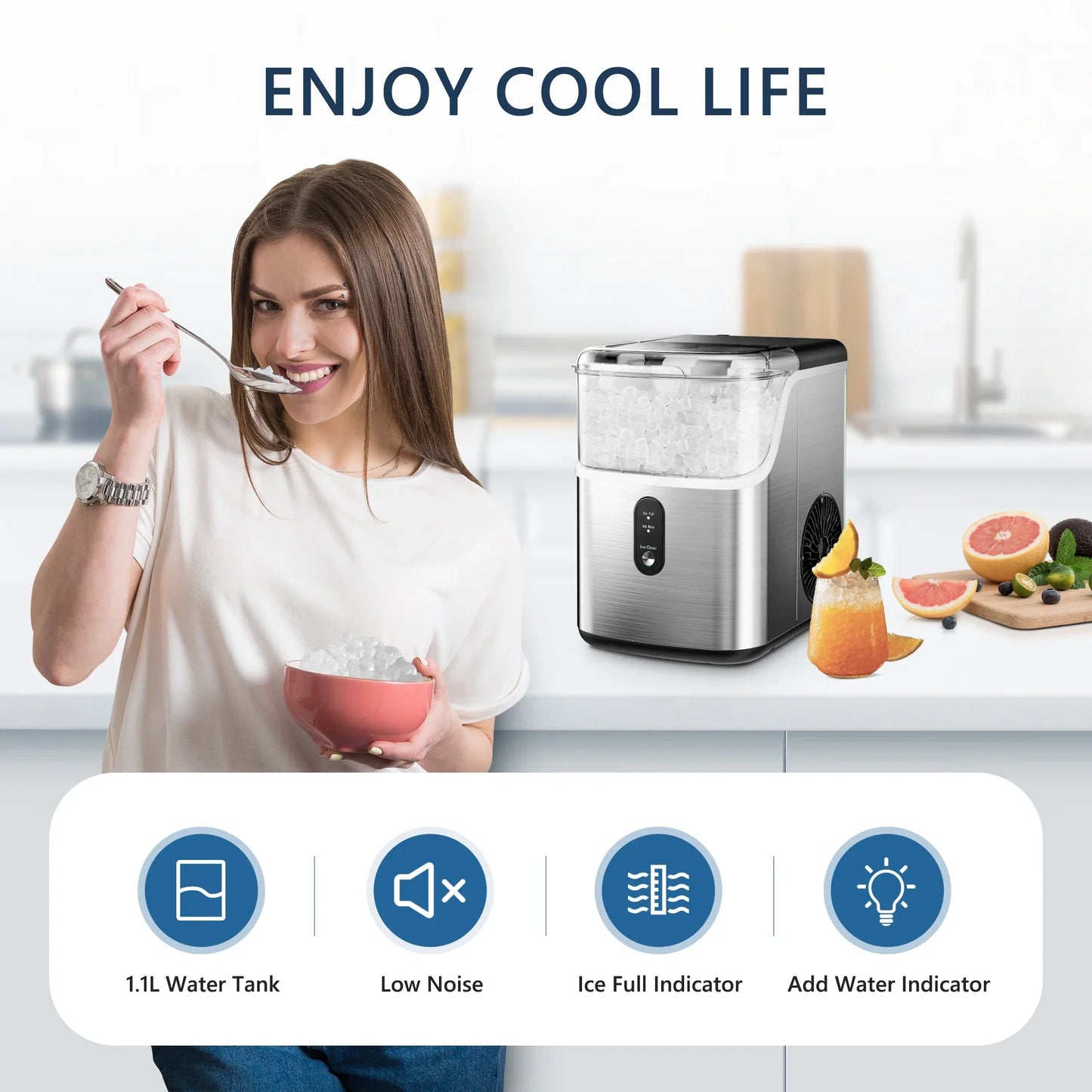 SIMZLIFE Nugget Ice Maker Countertop – 34lbs/Day Portable Ice Machine with Basket, Scoop & Self-Cleaning, Silver