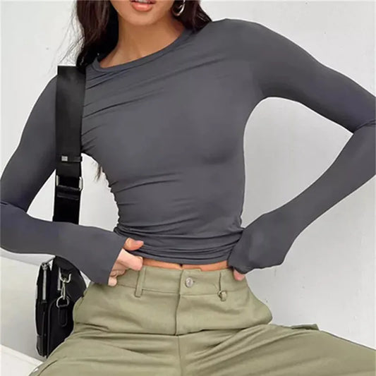 Effortless Chic: Women's Long Sleeve Slim Fit T-Shirt - Spring Autumn Casual Solid Pullover, Y2K Streetwear Crop Top, Basic Tee
