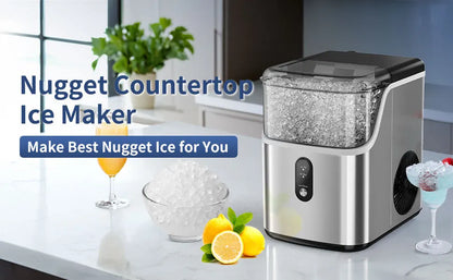 SIMZLIFE Nugget Ice Maker Countertop – 34lbs/Day Portable Ice Machine with Basket, Scoop & Self-Cleaning, Silver