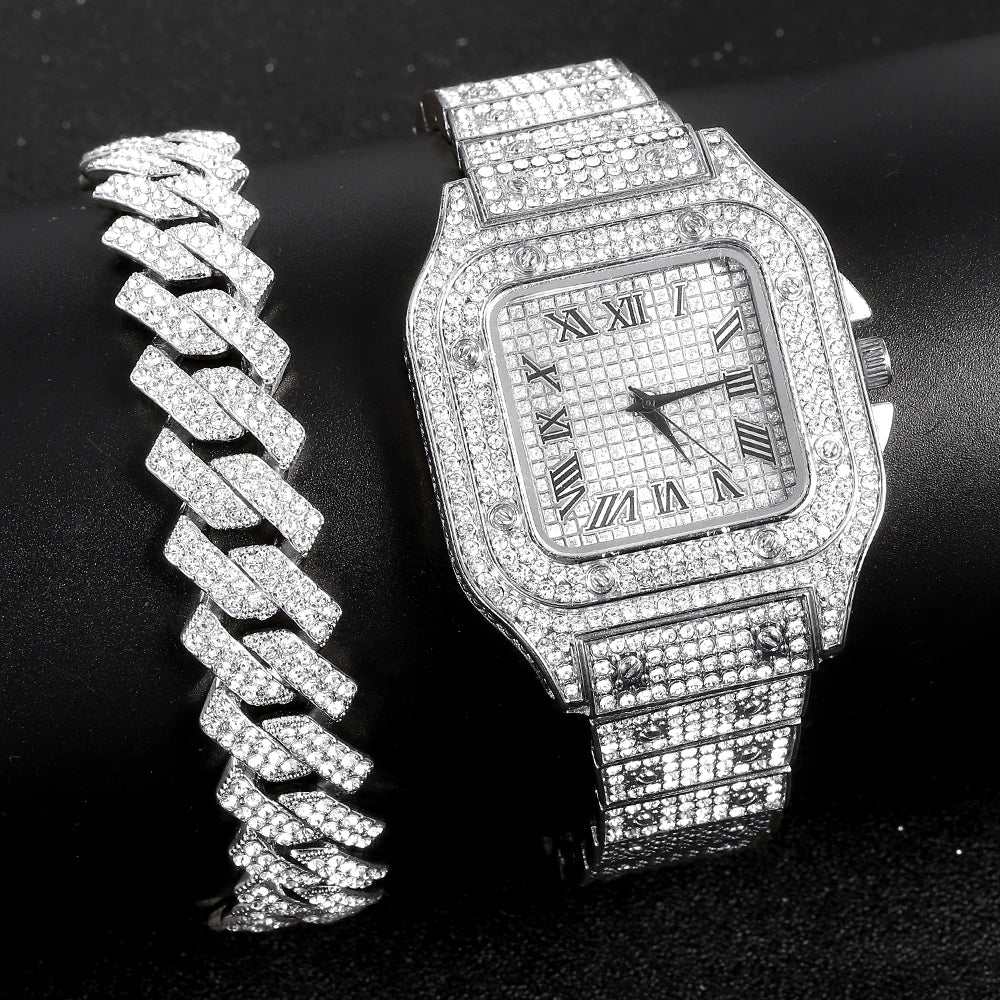 Gold Color Cuban Chain Watch for Men - Hip Hop Miami Curb, Iced Out Rhinestones, Bling Rapper Necklace, Watch & Bracelet Jewelry