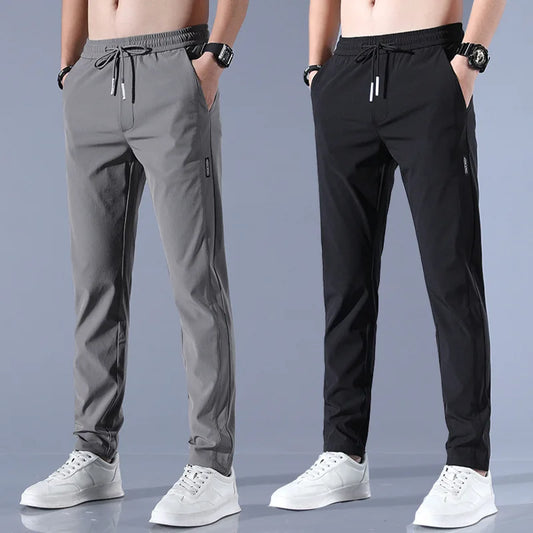 2024 New Ice Silk Men's Pants - Summer Black Gray Thin Business Casual, Elastic Breathable Outdoor Straight Leg Sweatpants