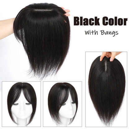 Dazzeal Human Hair Topper – 100% Real Straight Hair, Lace Base, Clip-In with Bangs, 10x12cm, 360° Coverage