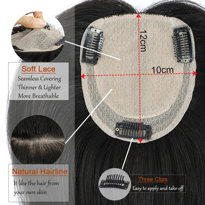Dazzeal Human Hair Topper – 100% Real Straight Hair, Lace Base, Clip-In with Bangs, 10x12cm, 360° Coverage