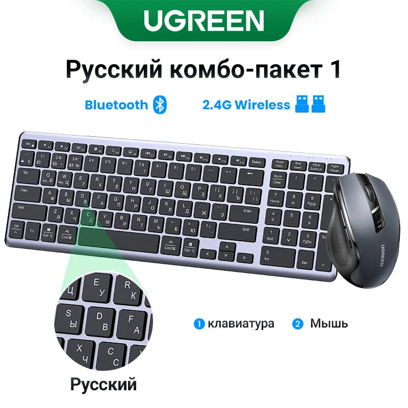 UGREEN Wireless Bluetooth 5.0 & 2.4G Keyboard – 99 Keycaps Russian/Korean/English, USB-C Rechargeable for MacBook, iPad, PC & Tablet