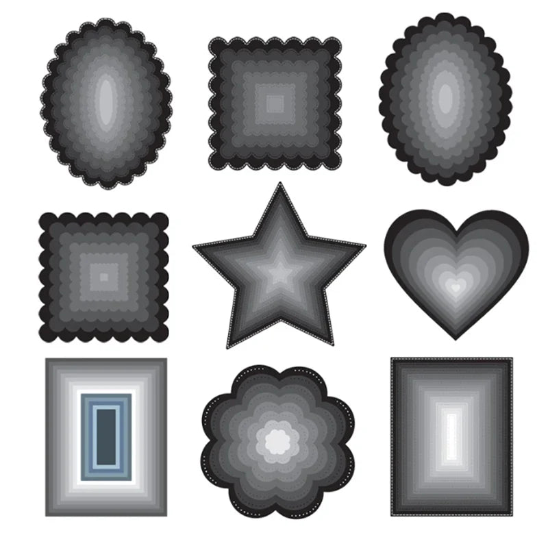 New Metal Cutting Dies for Scrapbook - Layer Frames in Rectangle, Square, Circle, Oval, Heart, Star Shapes - Background Stencils for Card Making
