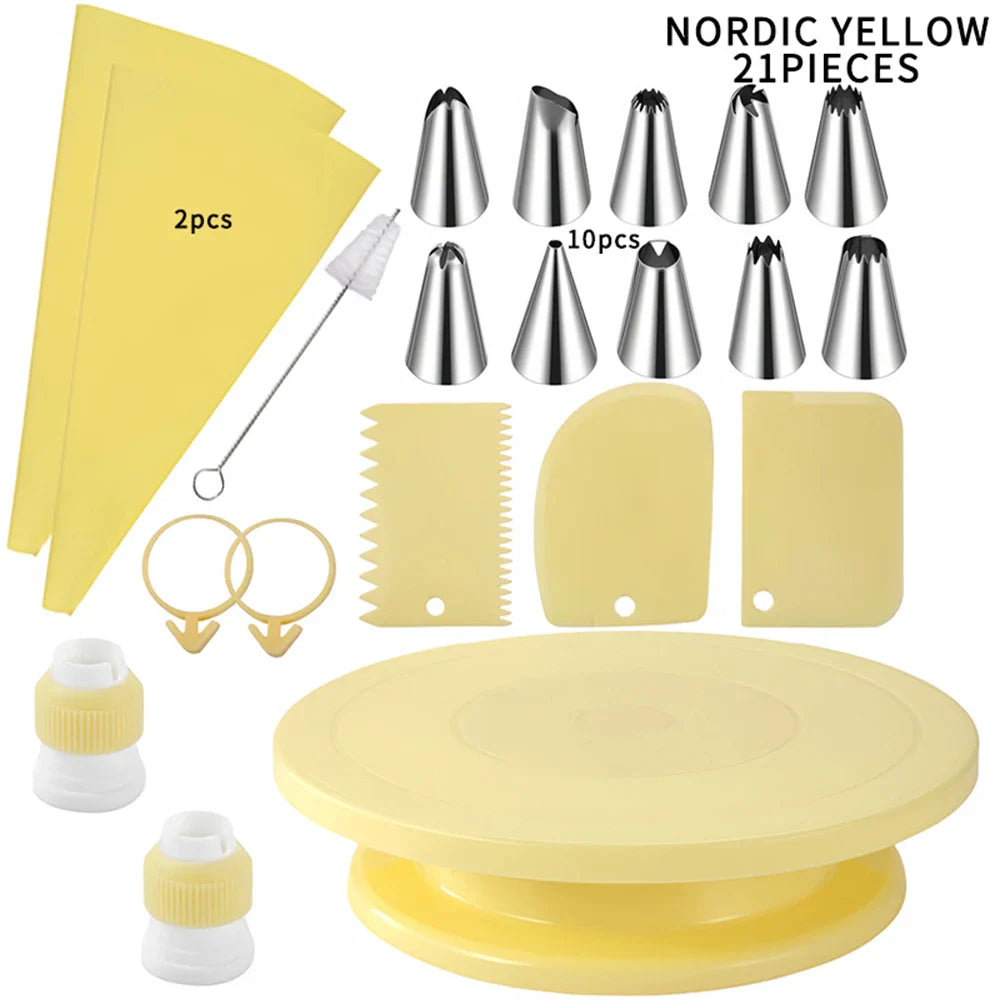 Cake Decorating Tools Kit – Pastry Turntable, Piping Nozzles, Bags & Icing Scraper Set for Baking
