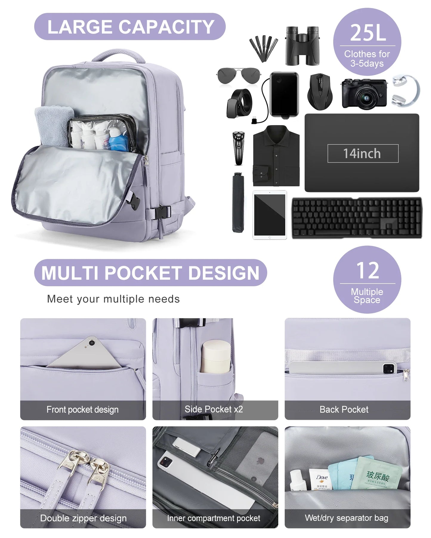 Women's Cabin Travel Backpack - Large Capacity, Water-Resistant Laptop Bag 45x36x20 cm, Fits EasyJet and Ryanair Carry-On Dimensions
