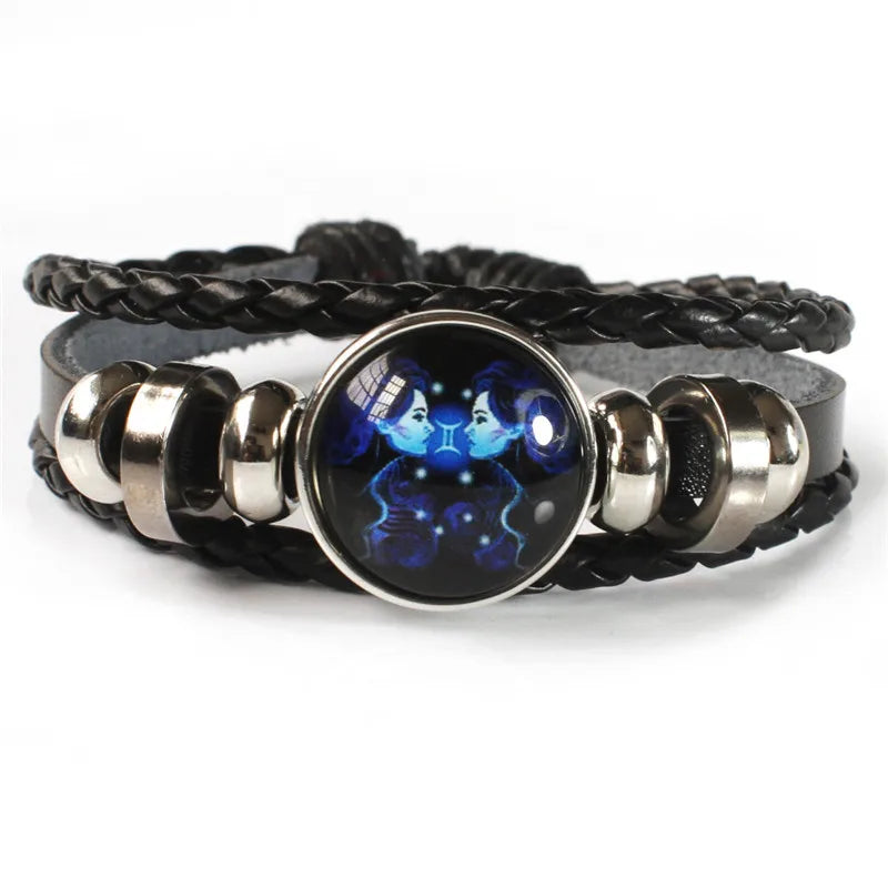 12 Zodiac Signs Constellation Charm Bracelet - Luminous Multilayer Weave Leather Bangle for Men & Women, Birthday Gift