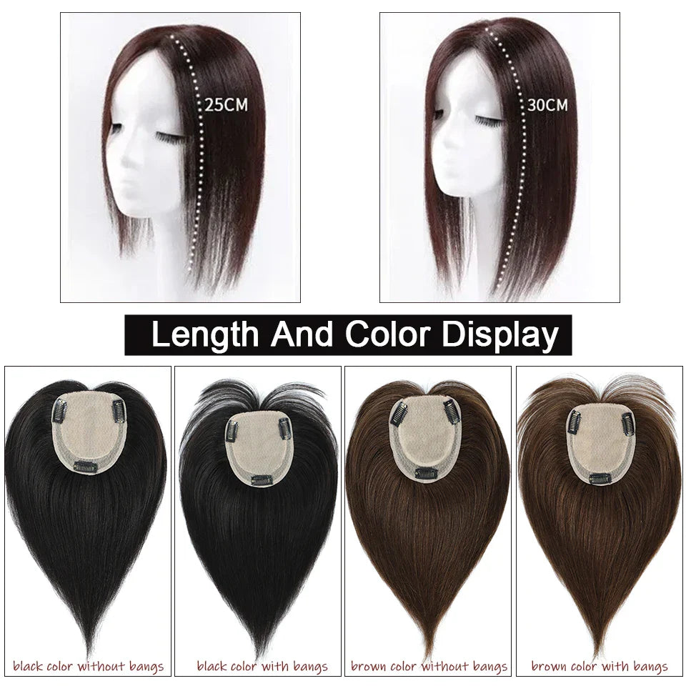 Dazzeal Human Hair Topper – 100% Real Straight Hair, Lace Base, Clip-In with Bangs, 10x12cm, 360° Coverage