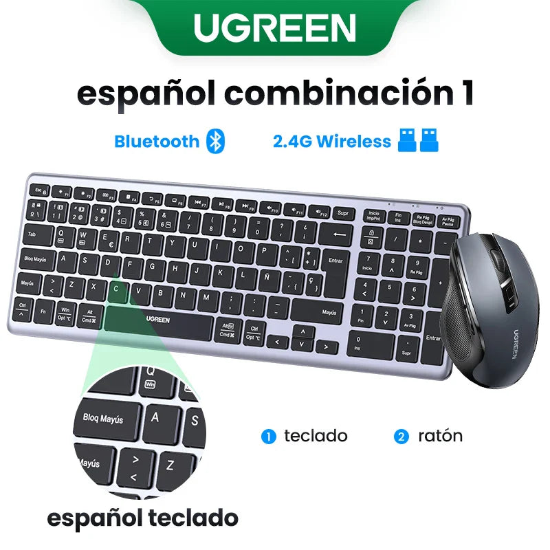 UGREEN Wireless Bluetooth 5.0 & 2.4G Keyboard – 99 Keycaps Russian/Korean/English, USB-C Rechargeable for MacBook, iPad, PC & Tablet